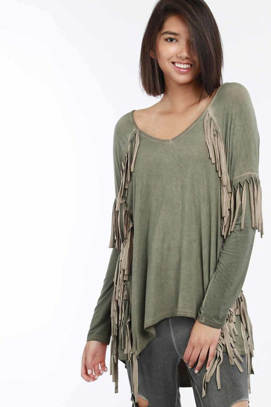 Long Sleeve Fringe Tunic Olive