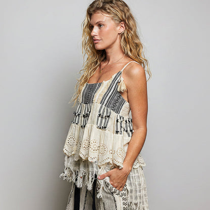 Tweed Eyelet Fringe Top