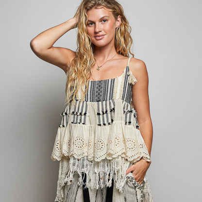 Tweed Eyelet Fringe Top