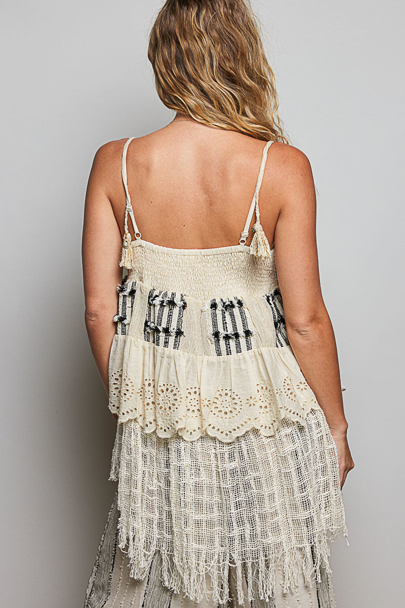 Tweed Eyelet Fringe Top