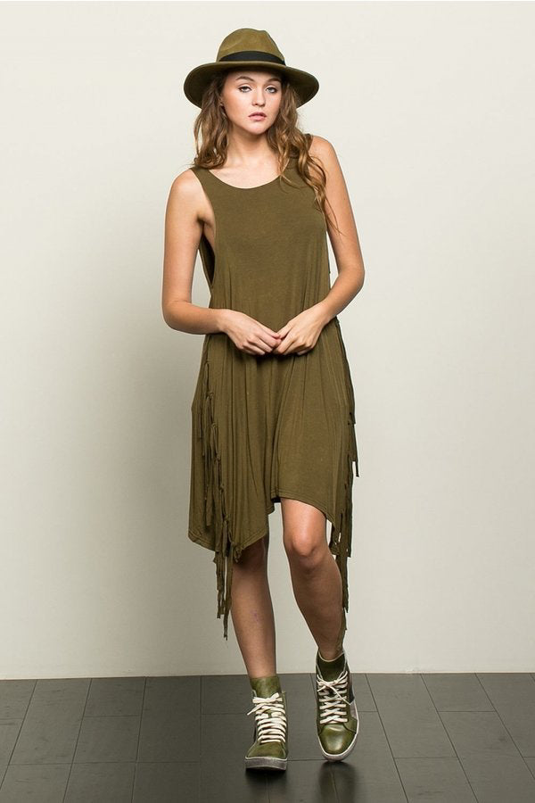 Olive Sleeveless Fringe Tunic